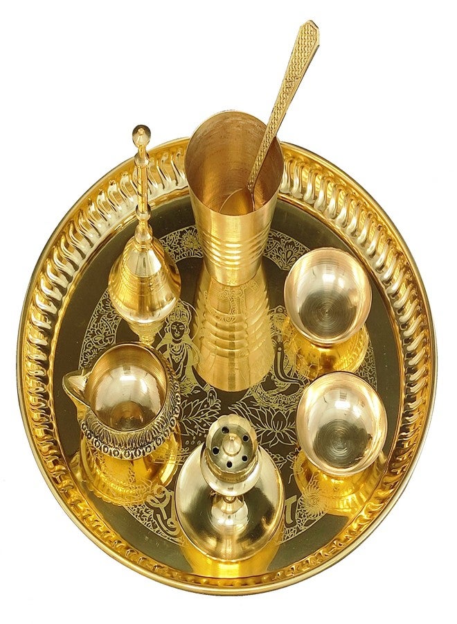 NOBILITY Brass Pooja thali Set 8 Inch with Pital Puja Plate Glass Spoon Ghanti Bowl Kuber Diya Agarbatti Stand Arti Thali for Diwali Home Mandir Office Wedding Return Gift Items - Image 4