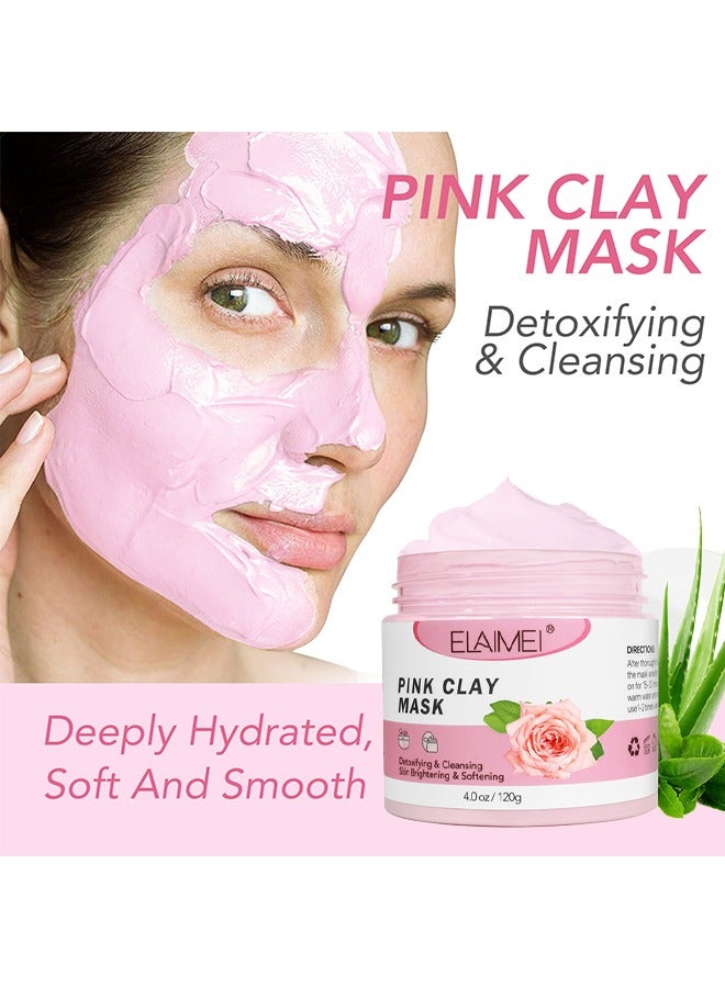 Elaimei Pink Clay Mask - Rose Pink Clay Facial Mask, Anti Aging And Anti Acne Face Mask, Blackheads Remover And Pore Cleansing Facial Care Masks, For Deep Cleansing, Anti-Acne, Refining Pores Soothing And Brightening 120G - Image 1