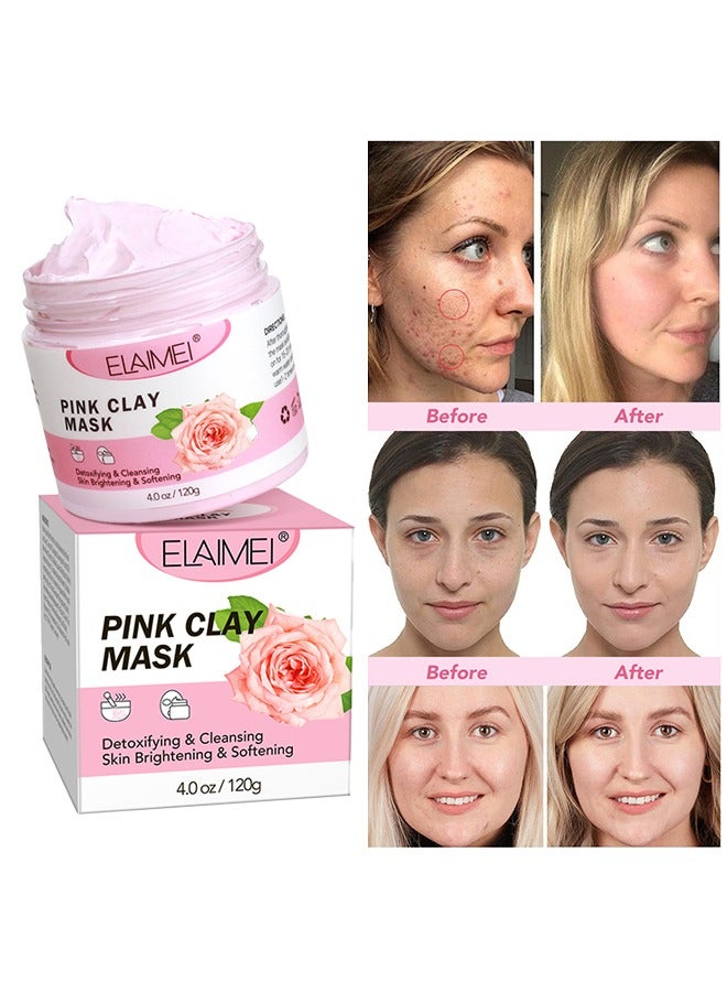 Elaimei Pink Clay Mask - Rose Pink Clay Facial Mask, Anti Aging And Anti Acne Face Mask, Blackheads Remover And Pore Cleansing Facial Care Masks, For Deep Cleansing, Anti-Acne, Refining Pores Soothing And Brightening 120G - Image 2