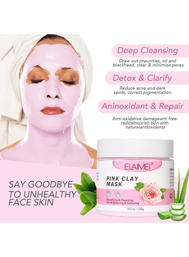 Elaimei Pink Clay Mask - Rose Pink Clay Facial Mask, Anti Aging And Anti Acne Face Mask, Blackheads Remover And Pore Cleansing Facial Care Masks, For Deep Cleansing, Anti-Acne, Refining Pores Soothing And Brightening 120G - Image 4