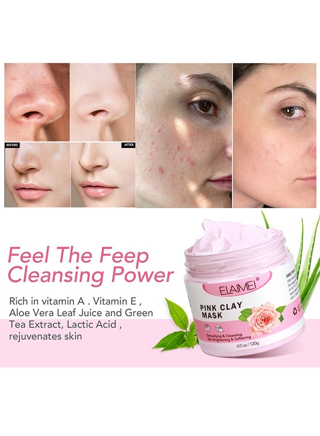 Elaimei Pink Clay Mask - Rose Pink Clay Facial Mask, Anti Aging And Anti Acne Face Mask, Blackheads Remover And Pore Cleansing Facial Care Masks, For Deep Cleansing, Anti-Acne, Refining Pores Soothing And Brightening 120G - Image 3