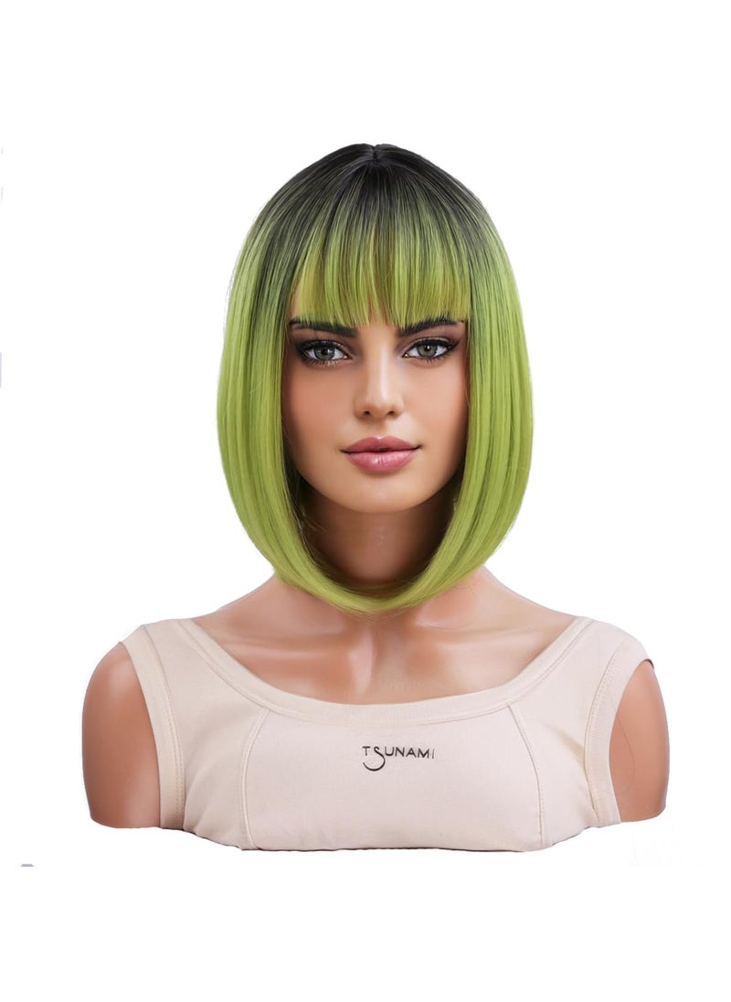 MAGQOO MAGQOO Green Wig for Women Girls Matcha Green Wig Short Straight Bob Ombre Green Wig with Bangs Synthetic Heat Resistant Halloween Cosplay Costume 