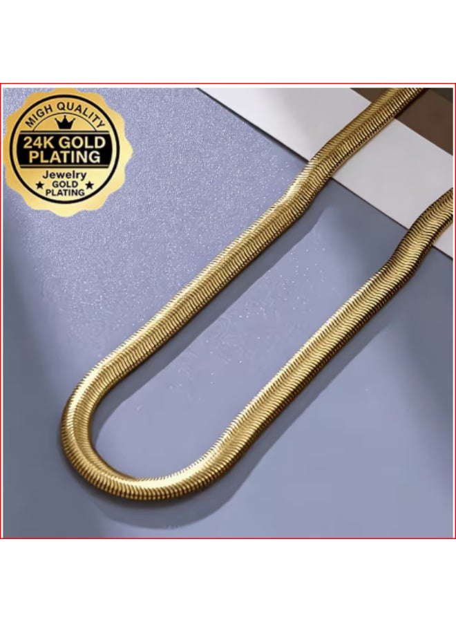 24K Gold Plated Herringbone Snake Chain Necklace 6mm, Flat Gold Chain for Men & Women, 45cm–60cm, Elegant Fashion Jewelry - Image 1