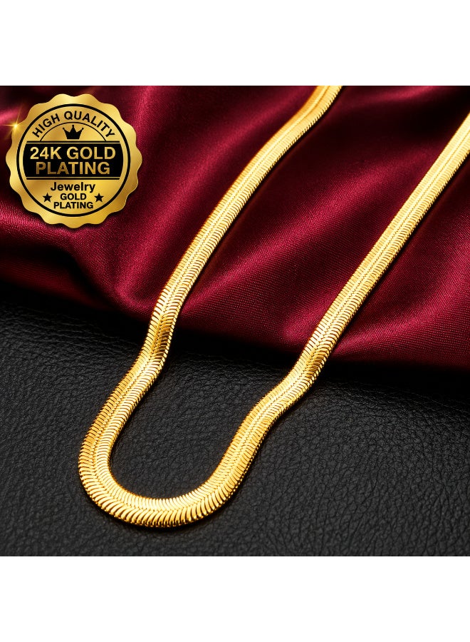 24K Gold Plated Herringbone Snake Chain Necklace 6mm, Flat Gold Chain for Men & Women, 45cm–60cm, Elegant Fashion Jewelry - Image 2