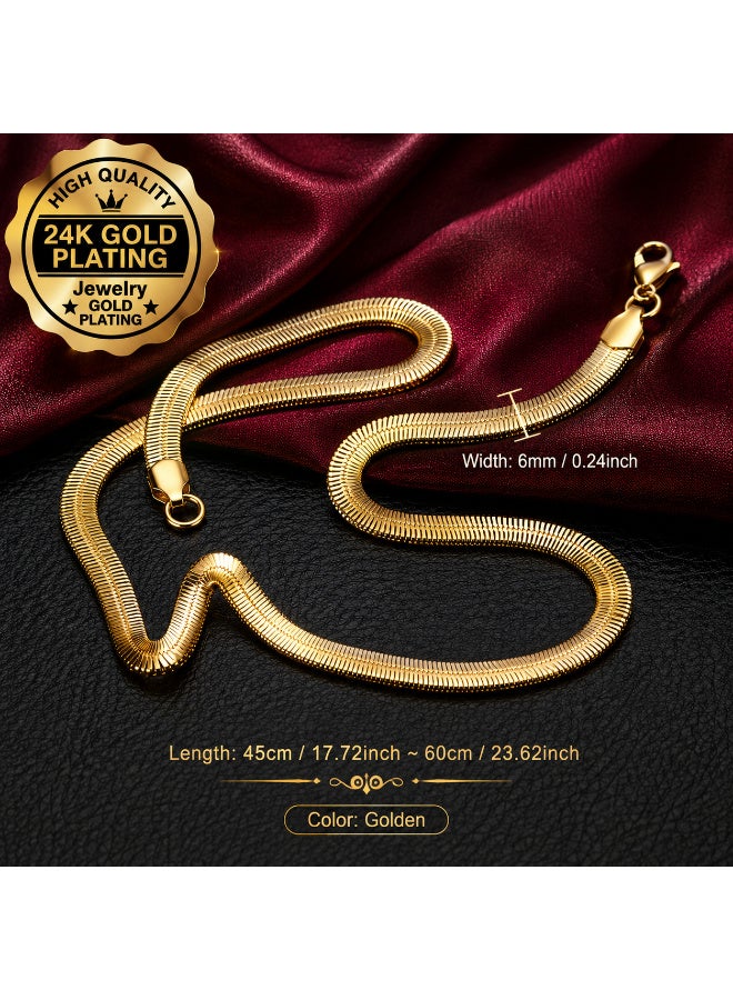 24K Gold Plated Herringbone Snake Chain Necklace 6mm, Flat Gold Chain for Men & Women, 45cm–60cm, Elegant Fashion Jewelry - Image 3