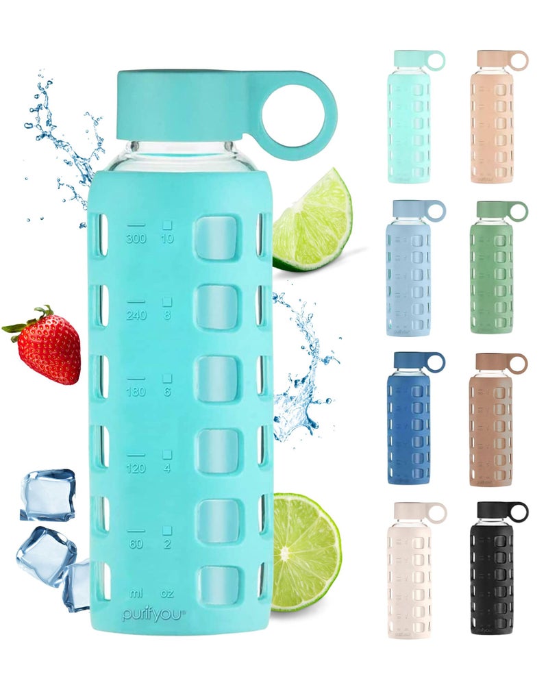 purifyou Premium 40/32 / 22/12 oz Glass Water Bottles with Volume & Times to Drink  Silicone Sleeve & Stainless Steel Lid Insert  Reusable Bottle for Fridge Water  Milk  Juice (12oz Aqua Blue)