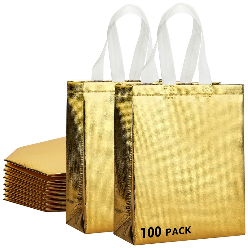 RACETOP 100 Pcs Gold Reusable Gift Bags Medium Size, 8x4x10 Inch Gold Gift Bags with Handles & Sturdy Base, Ideal for Birthday, Wedding, Bachelorette, Party Favors, Holiday Goodie - Image 1