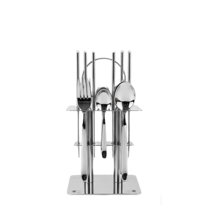 24-Piece Stainless Steel Flatware Set with Minimalist Display Stand | Luxury Mirror-Polished Silverware Cutlery Set for 6 | Compact Tabletop Hanging Organizer - Image 1