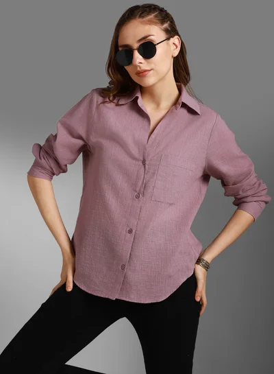 هاي ستار Mauve Classic Spread Collar Long Sleeves Cotton Casual Shirt for Women