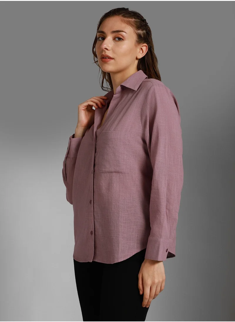 هاي ستار Mauve Classic Spread Collar Long Sleeves Cotton Casual Shirt for Women