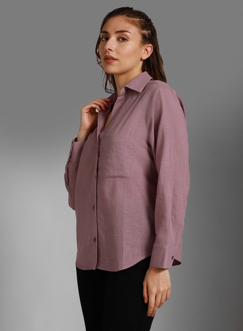 HIGH STAR Mauve Classic Spread Collar Long Sleeves Cotton Casual Shirt for Women - Image 2
