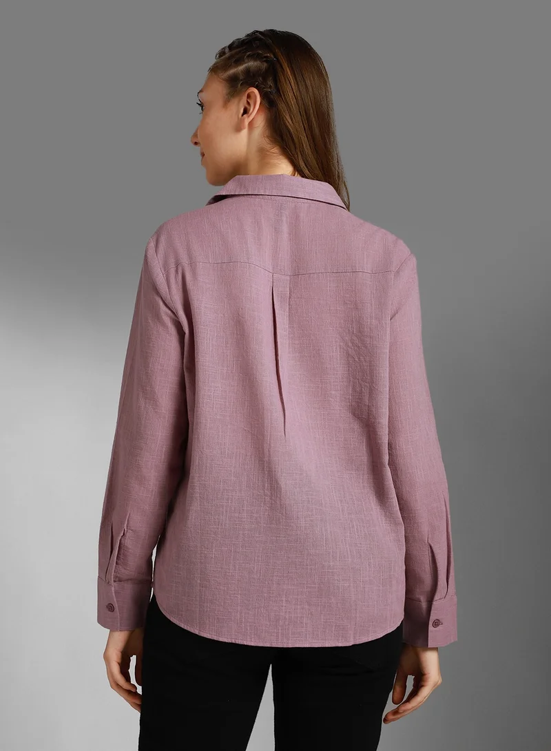 HIGH STAR Mauve Classic Spread Collar Long Sleeves Cotton Casual Shirt for Women