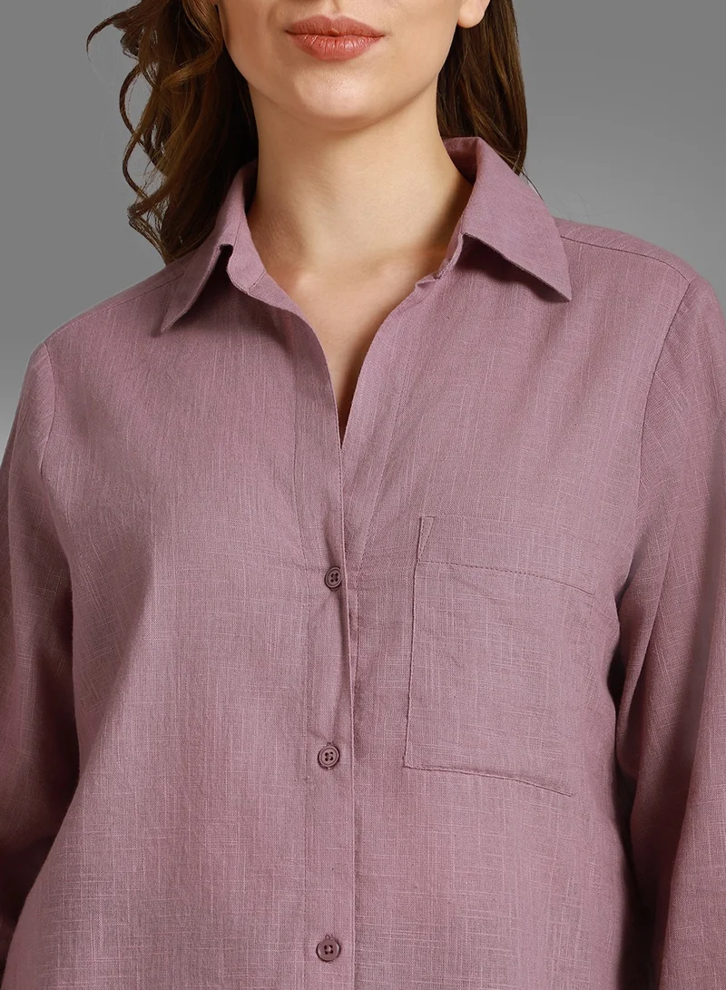 HIGH STAR Mauve Classic Spread Collar Long Sleeves Cotton Casual Shirt for Women