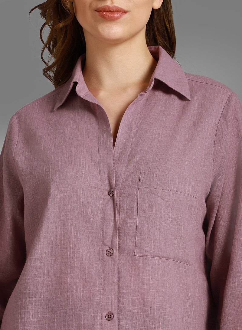 HIGH STAR Mauve Classic Spread Collar Long Sleeves Cotton Casual Shirt for Women - Image 5