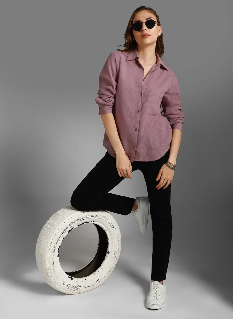 HIGH STAR Mauve Classic Spread Collar Long Sleeves Cotton Casual Shirt for Women