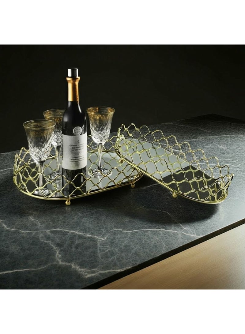 DANUBE HOME Impressions Metal Mirror Cutwork Tray – Elegant Decorative Serving Tray with Intricate Design, Perfect for Home Decor, Gifting, Dining Table & Luxury Display Accessories Set Of 2 Small -L 30 x W 18 x H 7cm | Medium- L 35 X W 22 X H 7cm - Image 1