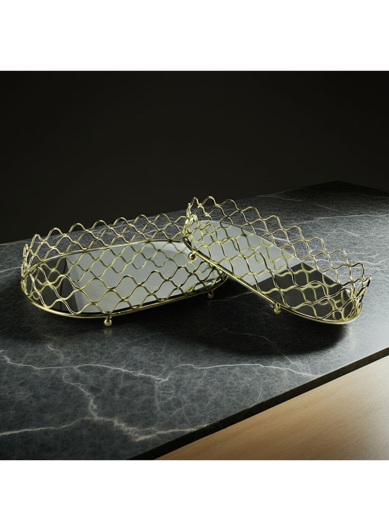 DANUBE HOME Impressions Metal Mirror Cutwork Tray – Elegant Decorative Serving Tray with Intricate Design, Perfect for Home Decor, Gifting, Dining Table & Luxury Display Accessories Set Of 2 Small -L 30 x W 18 x H 7cm | Medium- L 35 X W 22 X H 7cm - Image 2
