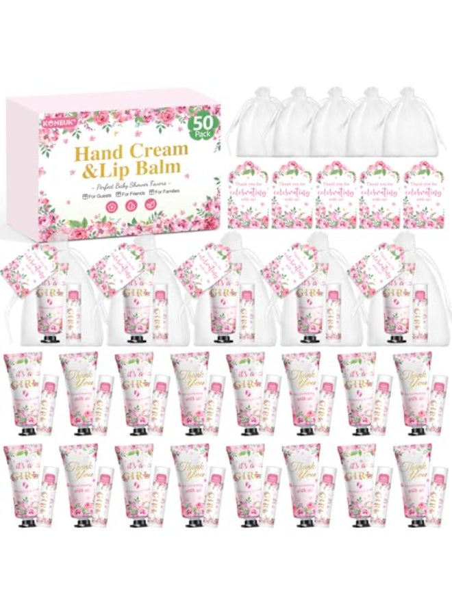 KONEUK 50 Pack Bulk Hand Cream and Lip Balm Gifts Sets Baby Shower Favors and Bridal Shower Favors for Guests with Thank You Card and Organza Gift Bags Appreciation Gifts Wedding Party Favors Baby Girls - Image 1