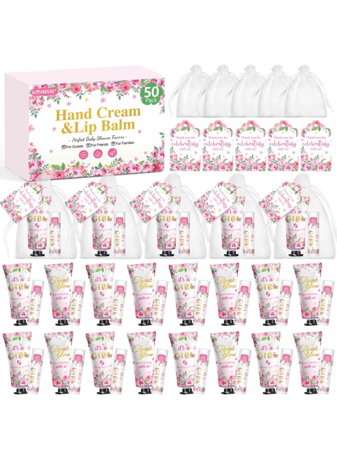 KONEUK 50 Pack Bulk Hand Cream and Lip Balm Gifts Sets Baby Shower Favors and Bridal Shower Favors for Guests with Thank You Card and Organza Gift Bags Appreciation Gifts Wedding Party Favors Baby Girls - Image 2