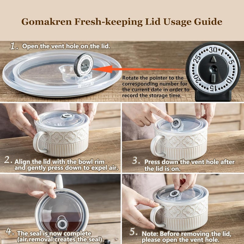 Gomakren Extra Large Soup Bowl with Handle, 39 Ounces Ceramic Bowl with Lid, 6 Inch Microwave Ramen Bowl Soup Mug Cup for Cereal, Ramen, Instant Noodle, Beige White - Image 5