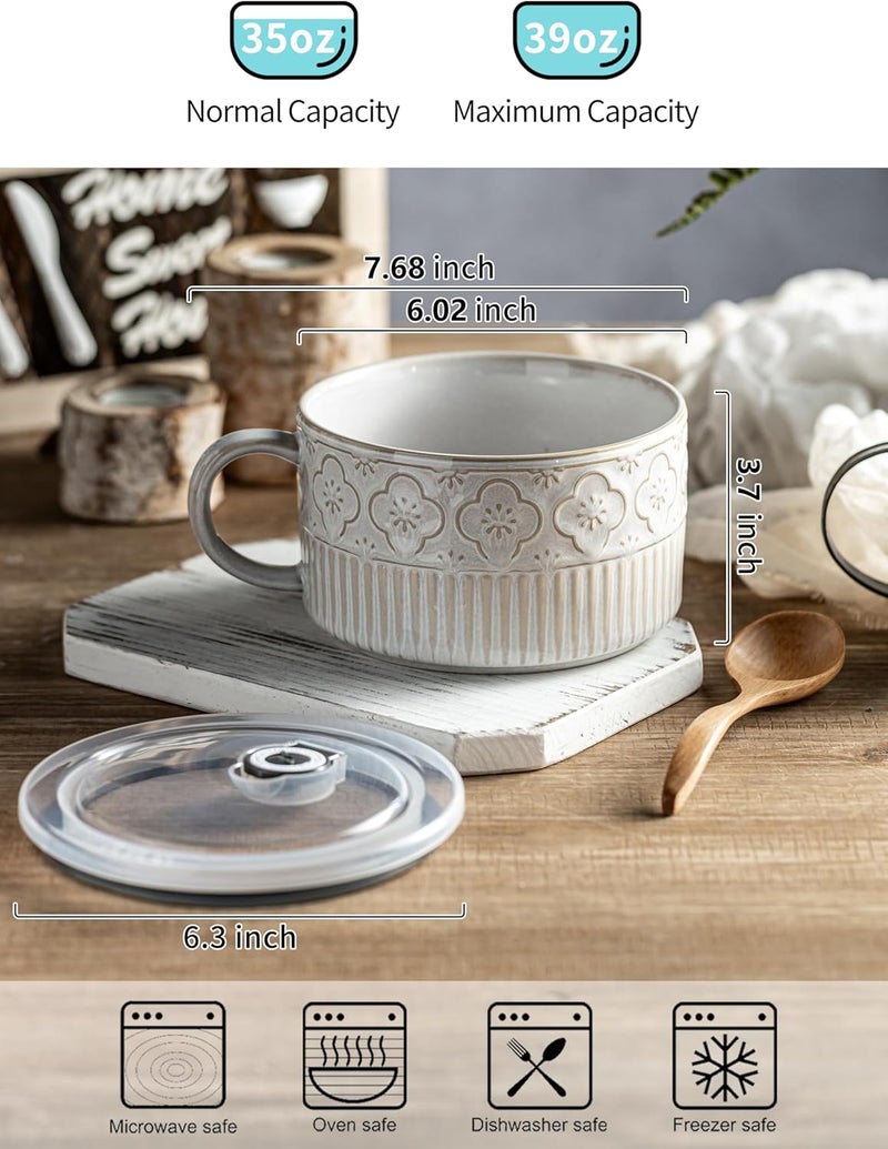 Gomakren Extra Large Soup Bowl with Handle, 39 Ounces Ceramic Bowl with Lid, 6 Inch Microwave Ramen Bowl Soup Mug Cup for Cereal, Ramen, Instant Noodle, Beige White - Image 2