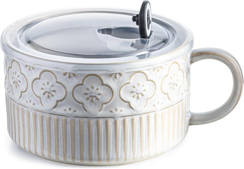 Gomakren Extra Large Soup Bowl with Handle, 39 Ounces Ceramic Bowl with Lid, 6 Inch Microwave Ramen Bowl Soup Mug Cup for Cereal, Ramen, Instant Noodle, Beige White - Image 1