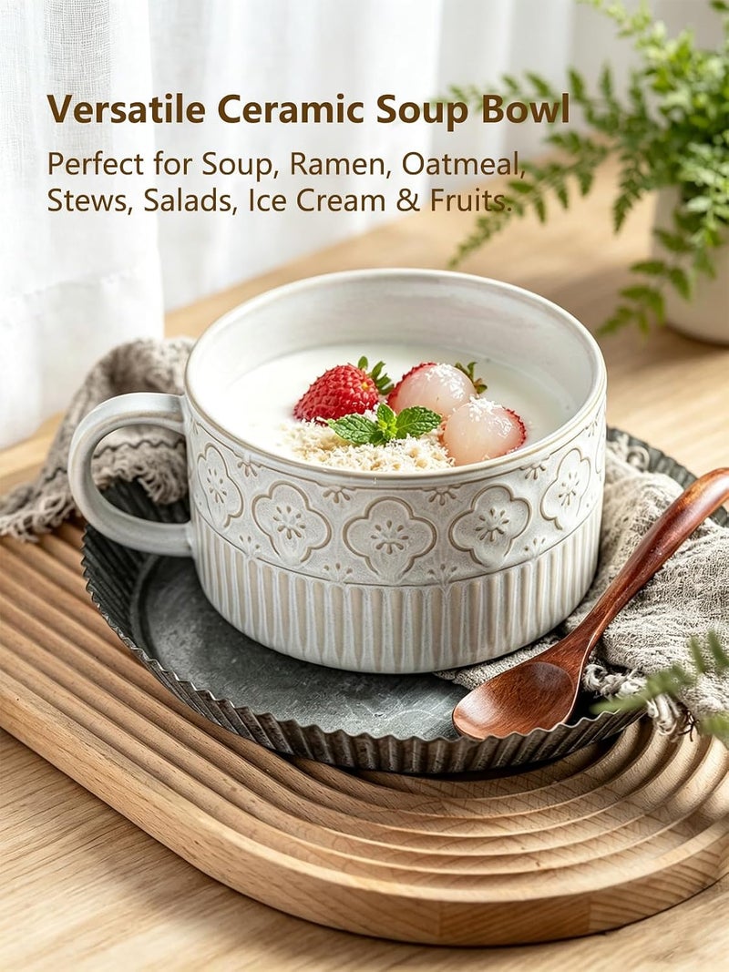 Gomakren Extra Large Soup Bowl with Handle, 39 Ounces Ceramic Bowl with Lid, 6 Inch Microwave Ramen Bowl Soup Mug Cup for Cereal, Ramen, Instant Noodle, Beige White - Image 4