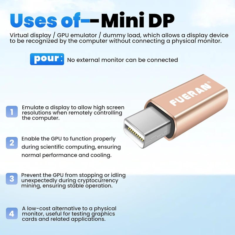 فييران قابس HDMI DDC EDID وهمي Headless Ghost Display Emulator مناسب للرأس-1920x1080-3840 x 2160@60Hz (MiniDP-1P) - Image 3