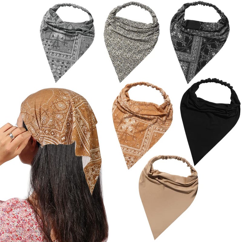6 Pack Hair Bandanas Headband for women Boho Scarf Headbands Paisley Elastic Hair Kerchief Large Triangle Head Scarves with Clips Non Slip for Teen Girls