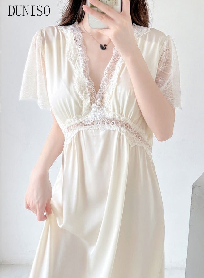 DUNISO Women's Short Sleeve Nightgown Lace Pajama Dress Sleepwear Girls Comfortable V Neck Nightwear Summer Home Wear Lounge Dress - Image 5