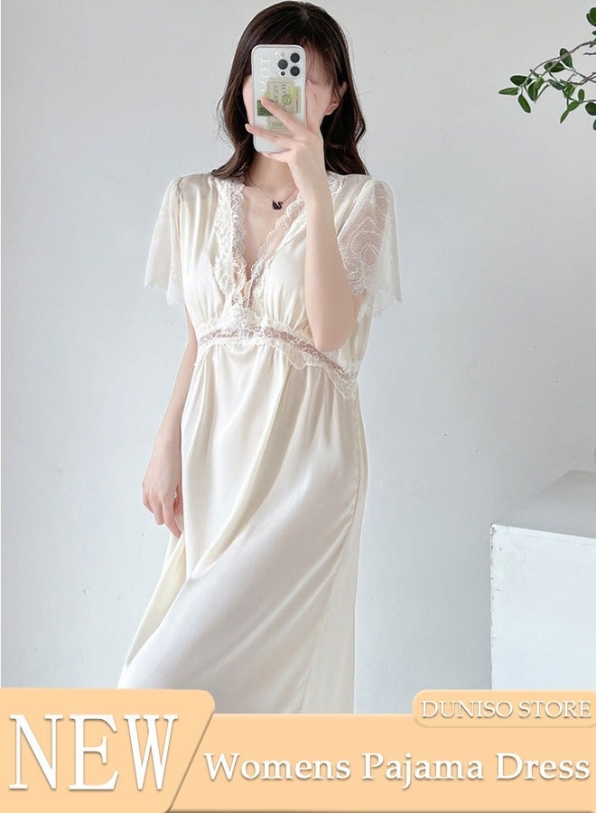 DUNISO Women's Short Sleeve Nightgown Lace Pajama Dress Sleepwear Girls Comfortable V Neck Nightwear Summer Home Wear Lounge Dress - Image 1