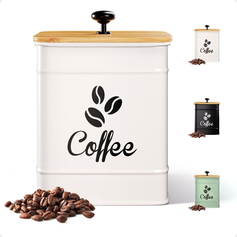 HB Design Co. Airtight Coffee Canister - 40 oz Large Iron White Coffee Container Airtight - 6 x 8 inch Metal Jar - Stylish Countertop Container for Coffee Grounds, Beans, Pods & More with Rubber-Lined Bamboo Lid - Image 1