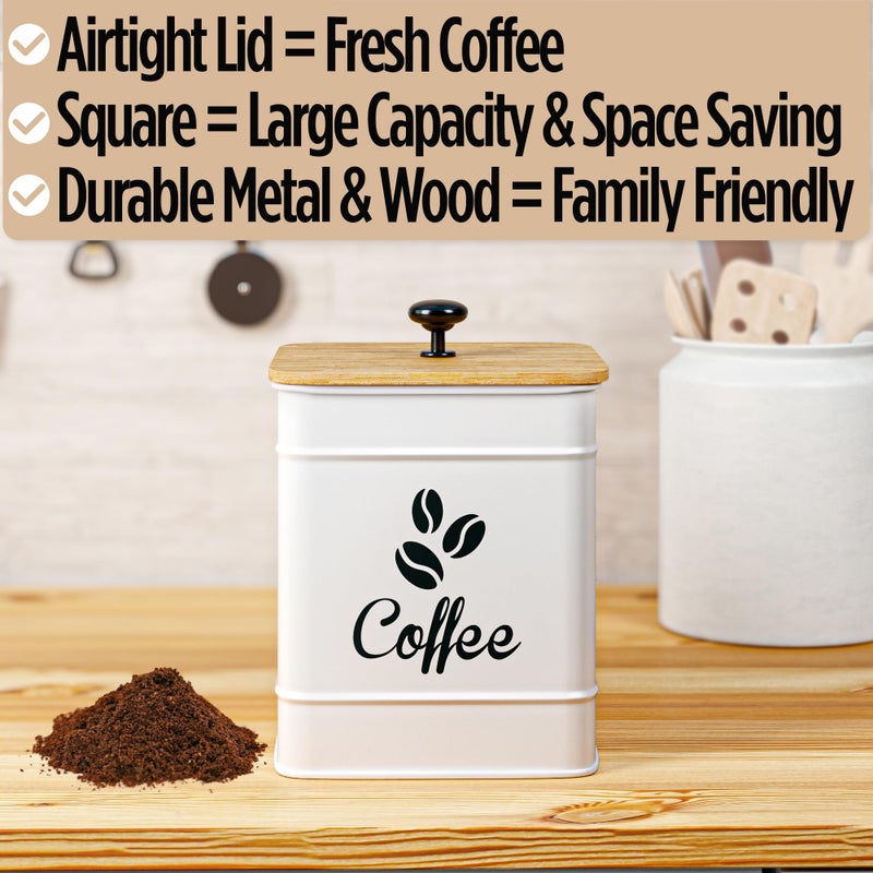 HB Design Co. Airtight Coffee Canister - 40 oz Large Iron White Coffee Container Airtight - 6 x 8 inch Metal Jar - Stylish Countertop Container for Coffee Grounds, Beans, Pods & More with Rubber-Lined Bamboo Lid - Image 5