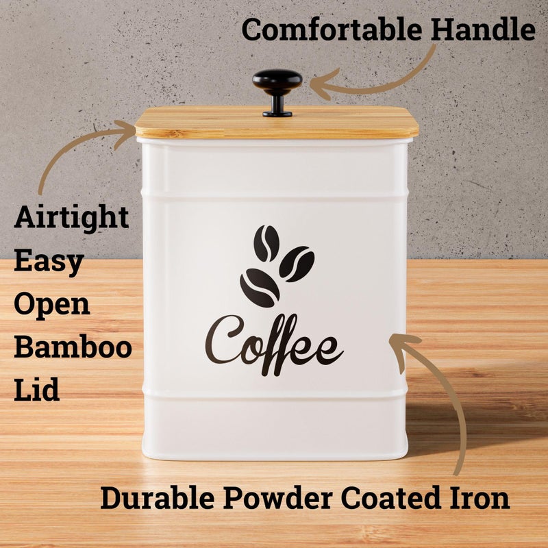 HB Design Co. Airtight Coffee Canister - 40 oz Large Iron White Coffee Container Airtight - 6 x 8 inch Metal Jar - Stylish Countertop Container for Coffee Grounds, Beans, Pods & More with Rubber-Lined Bamboo Lid - Image 2