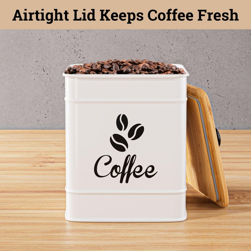 HB Design Co. Airtight Coffee Canister - 40 oz Large Iron White Coffee Container Airtight - 6 x 8 inch Metal Jar - Stylish Countertop Container for Coffee Grounds, Beans, Pods & More with Rubber-Lined Bamboo Lid - Image 4