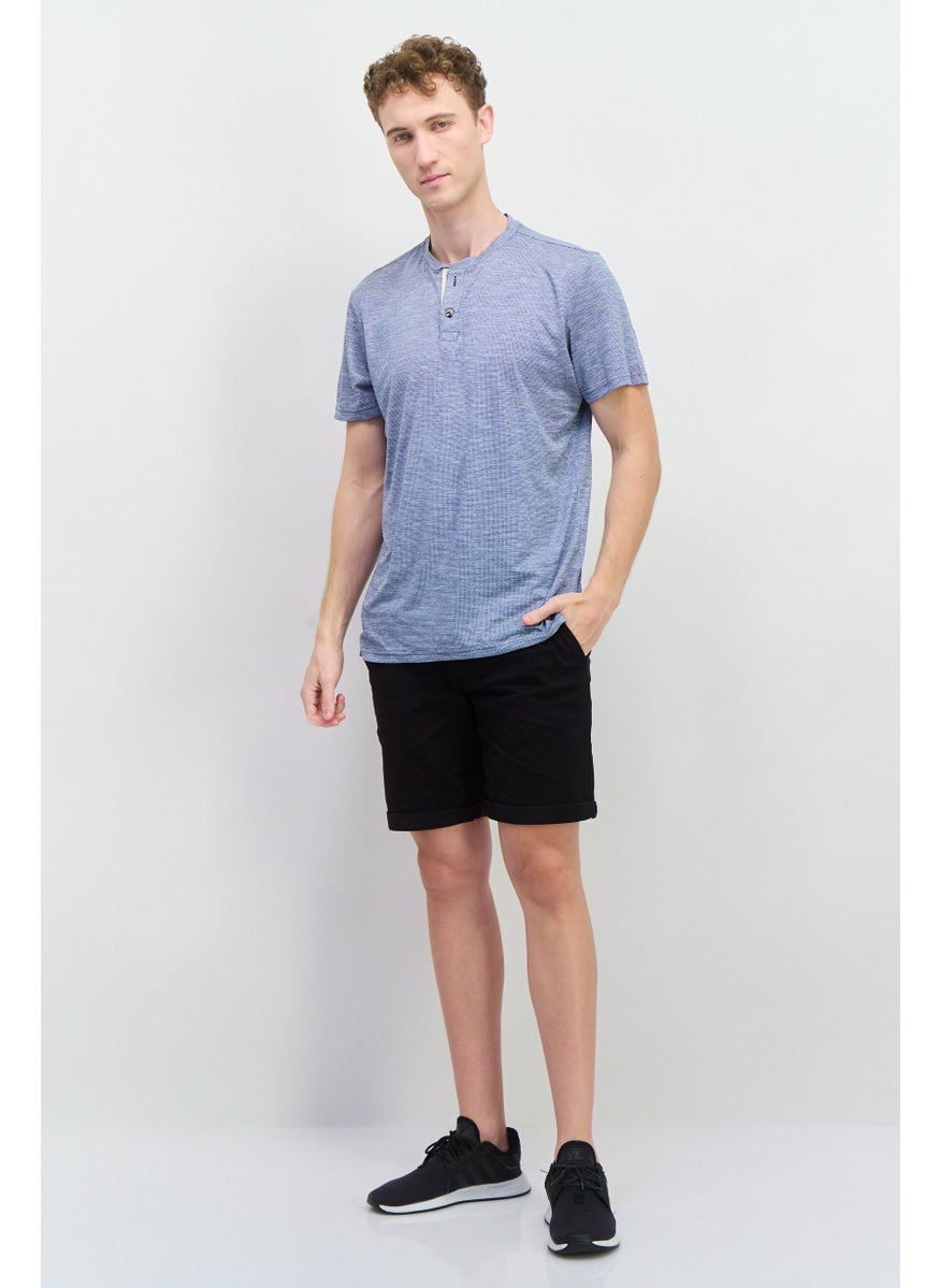 Essex Crossing - Men Band Collar Short Sleeves Micro Dot T Shirt, Navy - Image 1
