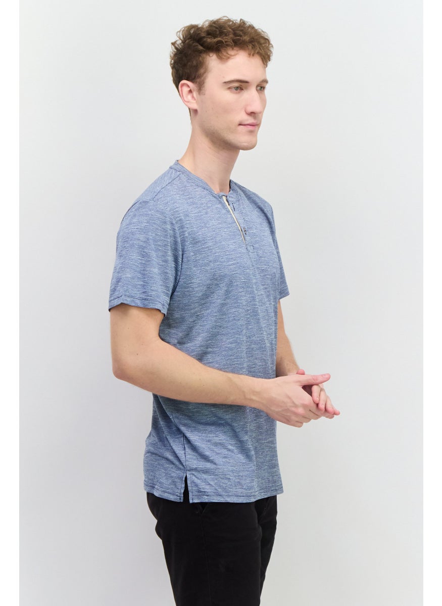 Essex Crossing - Men Band Collar Short Sleeves Micro Dot T Shirt, Navy - Image 1