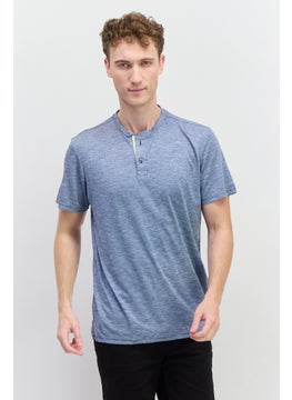 Men Band Collar Short Sleeves Micro Dot T Shirt, Navy