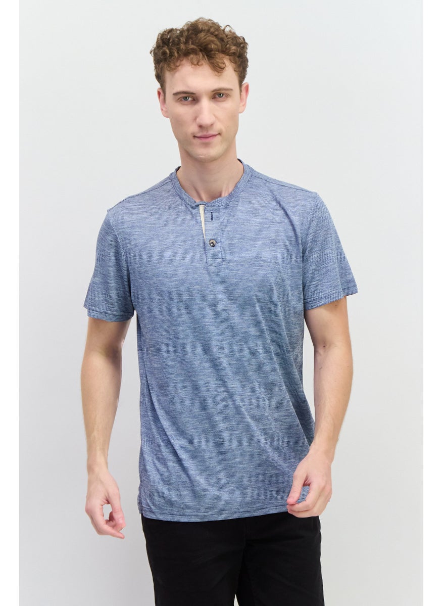 Essex Crossing - Men Band Collar Short Sleeves Micro Dot T Shirt, Navy - Image 1