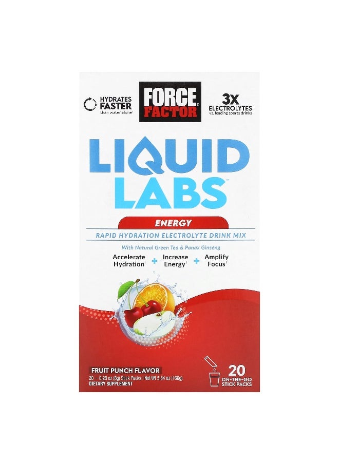 Force Factor Force Factor, Liquid Labs™ Energy, Rapid Hydration Electrolyte Drink Mix, Fruit Punch, 20 Stick Packs, 0.28 oz (8 g) Each  - Image 1