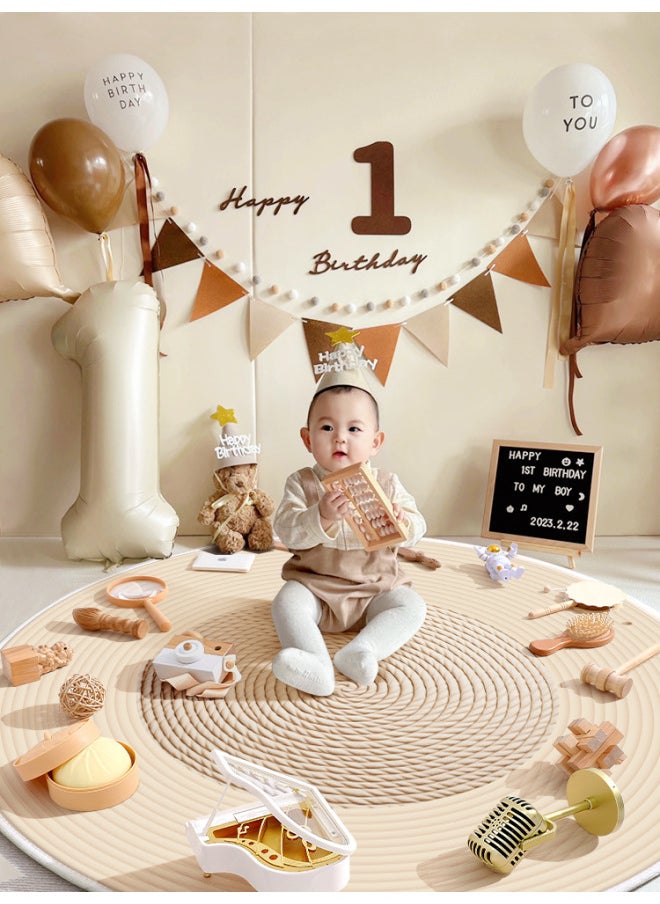 Generic - Week-catching Supplies Props One-year-old Set Boys And Girls Birthday Ceremony Layout Full Set Of Log Style Lottery Carpet Modern-Color:[thick Anti-slip] 18 Pieces Of Log Style Weekly Props + Weekly Birth Carpet (collect And Purchase - Image 1