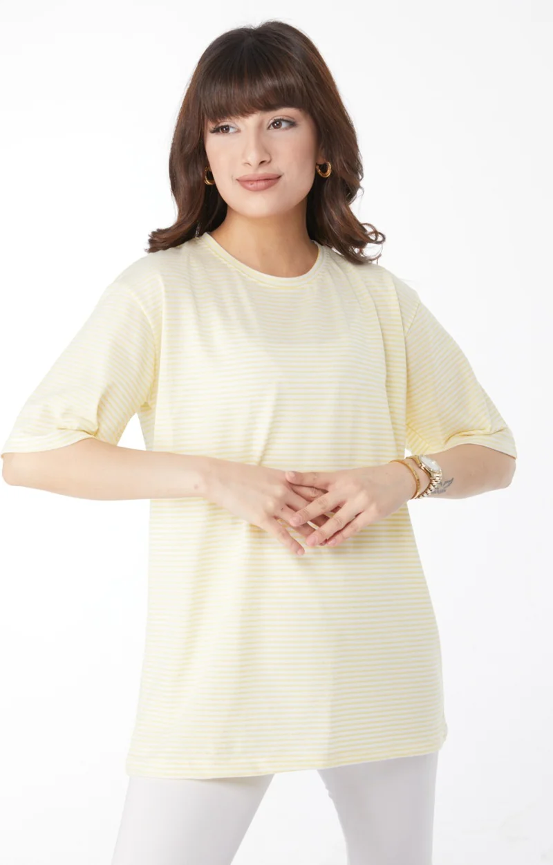 Tofisa Plain Crew Neck Women's Yellow Striped T-Short - 25119