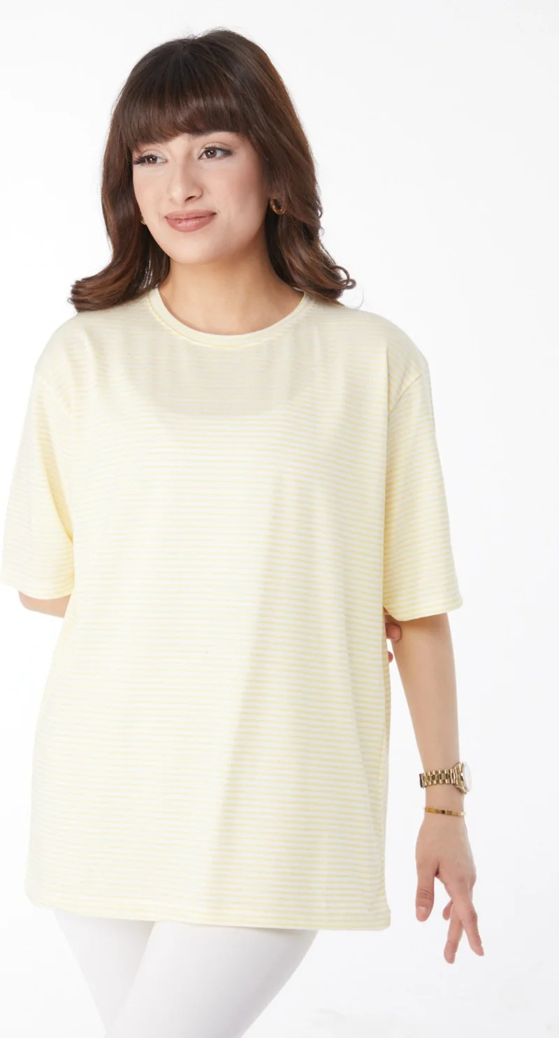 Tofisa Plain Crew Neck Women's Yellow Striped T-Short - 25119