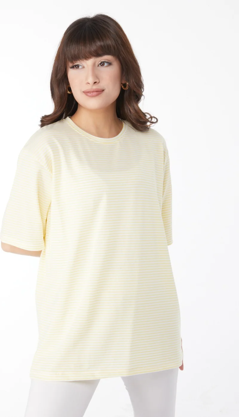 Tofisa Plain Crew Neck Women's Yellow Striped T-Short - 25119