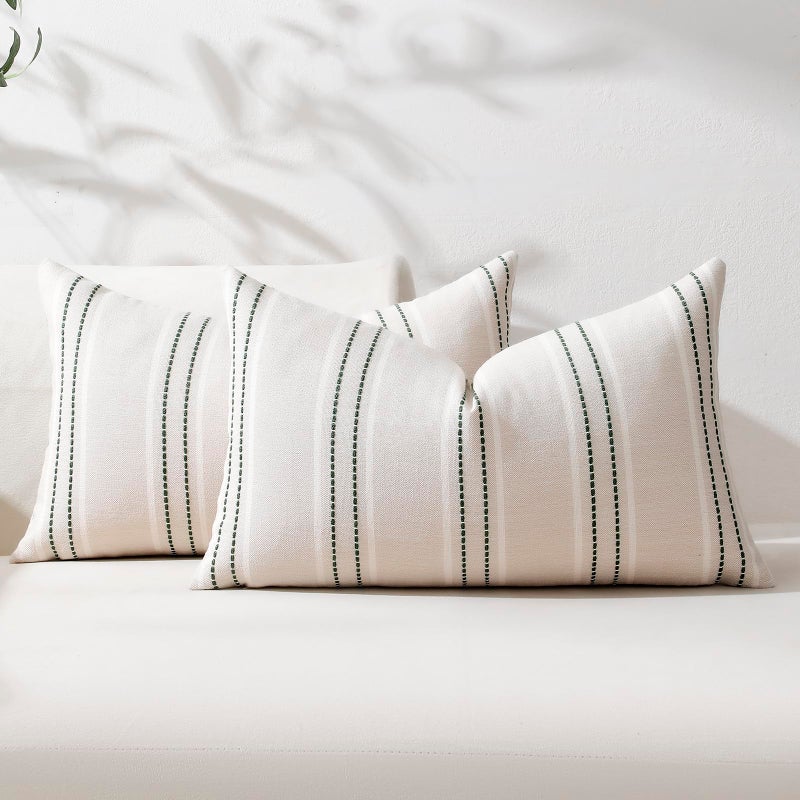 Hckot Spring Throw Pillow Covers 12x20 Set of 2 Green Pillow Covers Farmhouse Decorative Pillows Textured Linen Square Cushion Covers for Sofa Couch Bed Living Room Decor(Dark Green) - Image 1