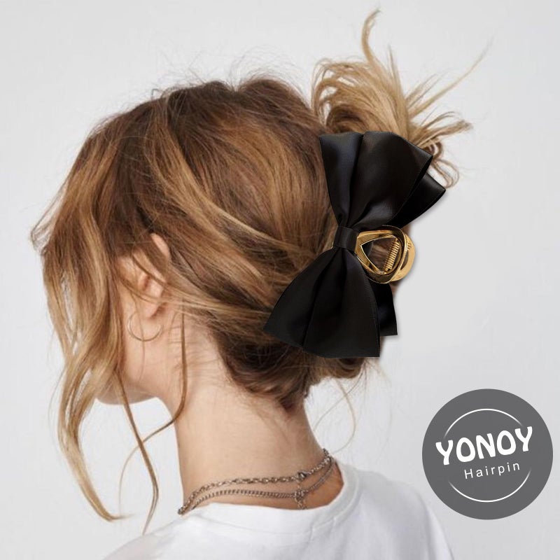 YONOY 3PCS Metal Claw Hair Clips for Women & Girls - Premium Bow-knot Nonslip Claw Clips for Thick & Thin Hair, Big Bows (Black, White, Khaki) - Image 2