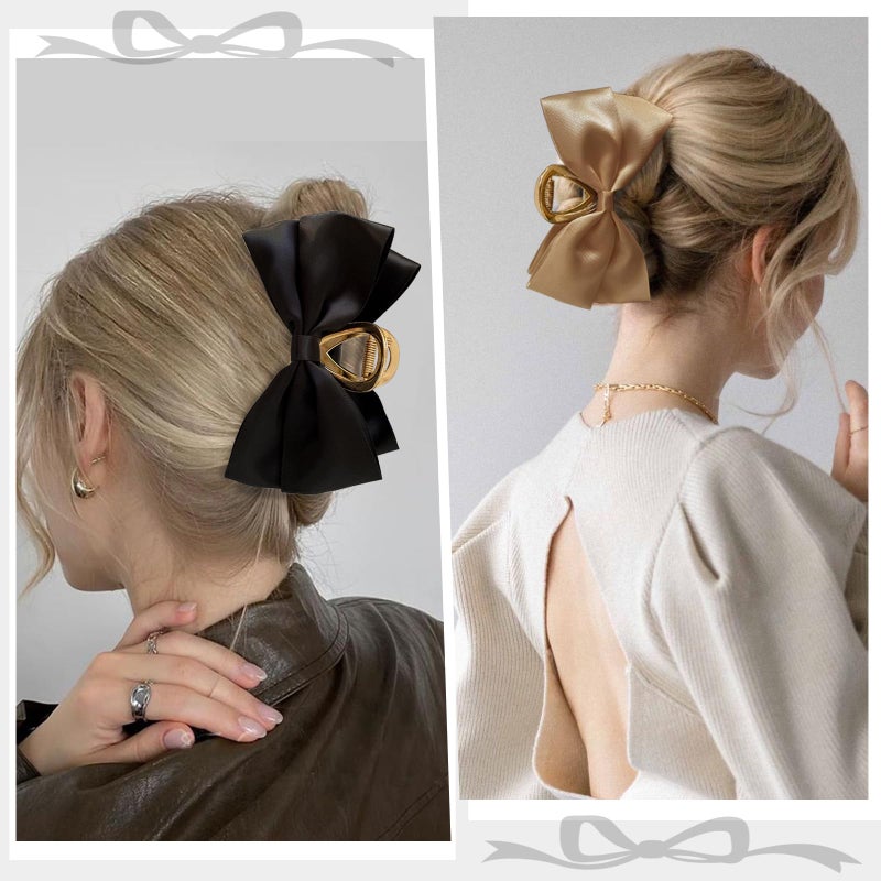 YONOY 3PCS Metal Claw Hair Clips for Women & Girls - Premium Bow-knot Nonslip Claw Clips for Thick & Thin Hair, Big Bows (Black, White, Khaki) - Image 3