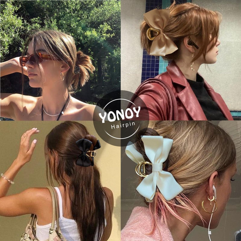 YONOY 3PCS Metal Claw Hair Clips for Women & Girls - Premium Bow-knot Nonslip Claw Clips for Thick & Thin Hair, Big Bows (Black, White, Khaki) - Image 4