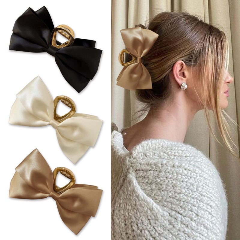 YONOY 3PCS Metal Claw Hair Clips for Women & Girls - Premium Bow-knot Nonslip Claw Clips for Thick & Thin Hair, Big Bows (Black, White, Khaki) - Image 1