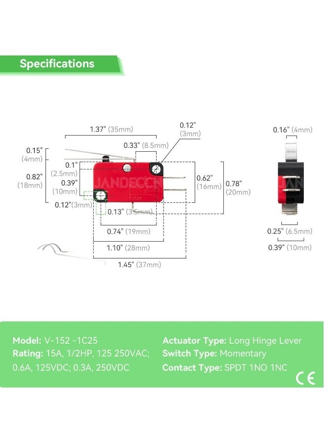 10 قطع مفاتيح حد مفصلية رافعة، SPDT 1NO 1NC مفاتيح ميكرو SNAP ACTION V-152-1C25 - Image 4